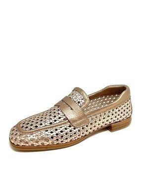 NEW Homers Artisan Shoes Lena Hand Woven Metallic Tan Loafers, EU 38 = U.S. 8
